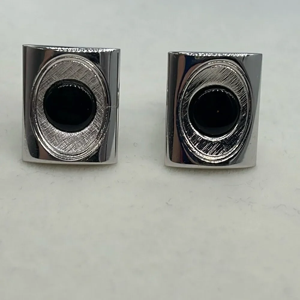 Vintage cuff links silver tone & black glass centers.